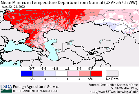 Russian Federation Mean Minimum Temperature Departure from Normal (USAF 557th WW) Thematic Map For 8/22/2022 - 8/28/2022