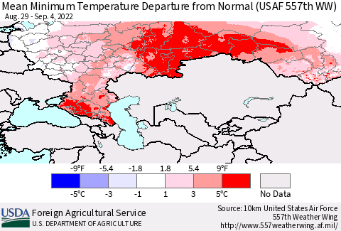 Russian Federation Mean Minimum Temperature Departure from Normal (USAF 557th WW) Thematic Map For 8/29/2022 - 9/4/2022