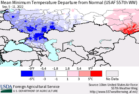 Russian Federation Mean Minimum Temperature Departure from Normal (USAF 557th WW) Thematic Map For 9/5/2022 - 9/11/2022