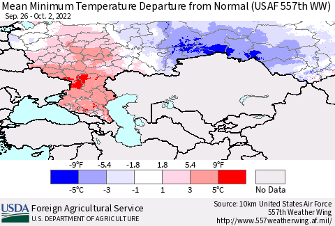 Russian Federation Mean Minimum Temperature Departure from Normal (USAF 557th WW) Thematic Map For 9/26/2022 - 10/2/2022