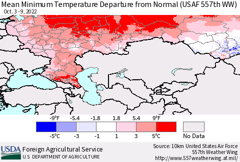 Russian Federation Mean Minimum Temperature Departure from Normal (USAF 557th WW) Thematic Map For 10/3/2022 - 10/9/2022