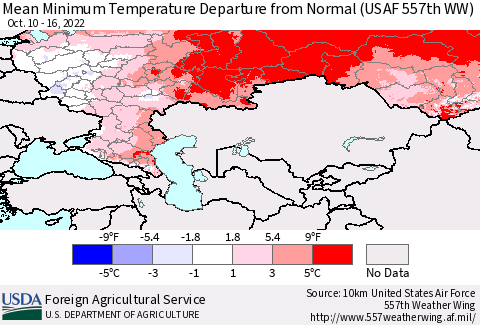 Russian Federation Mean Minimum Temperature Departure from Normal (USAF 557th WW) Thematic Map For 10/10/2022 - 10/16/2022