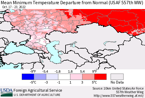 Russian Federation Mean Minimum Temperature Departure from Normal (USAF 557th WW) Thematic Map For 10/17/2022 - 10/23/2022