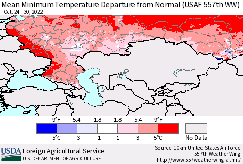Russian Federation Mean Minimum Temperature Departure from Normal (USAF 557th WW) Thematic Map For 10/24/2022 - 10/30/2022
