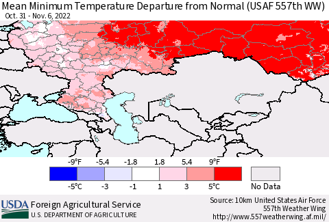Russian Federation Mean Minimum Temperature Departure from Normal (USAF 557th WW) Thematic Map For 10/31/2022 - 11/6/2022