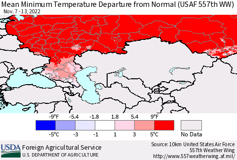 Russian Federation Mean Minimum Temperature Departure from Normal (USAF 557th WW) Thematic Map For 11/7/2022 - 11/13/2022