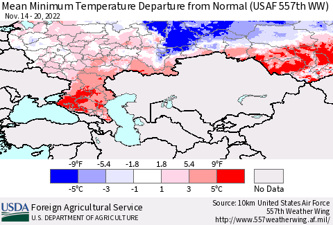 Russian Federation Mean Minimum Temperature Departure from Normal (USAF 557th WW) Thematic Map For 11/14/2022 - 11/20/2022