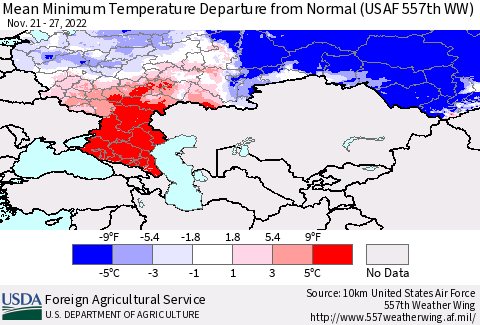 Russian Federation Mean Minimum Temperature Departure from Normal (USAF 557th WW) Thematic Map For 11/21/2022 - 11/27/2022