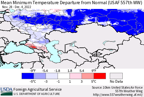 Russian Federation Mean Minimum Temperature Departure from Normal (USAF 557th WW) Thematic Map For 11/28/2022 - 12/4/2022