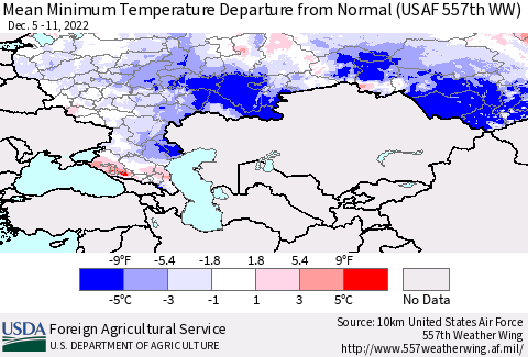 Russian Federation Mean Minimum Temperature Departure from Normal (USAF 557th WW) Thematic Map For 12/5/2022 - 12/11/2022