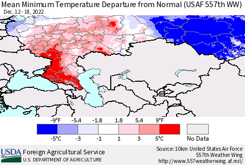 Russian Federation Mean Minimum Temperature Departure from Normal (USAF 557th WW) Thematic Map For 12/12/2022 - 12/18/2022