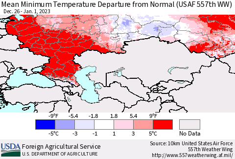 Russian Federation Mean Minimum Temperature Departure from Normal (USAF 557th WW) Thematic Map For 12/26/2022 - 1/1/2023