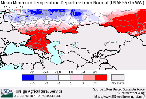 Russian Federation Mean Minimum Temperature Departure from Normal (USAF 557th WW) Thematic Map For 1/2/2023 - 1/8/2023