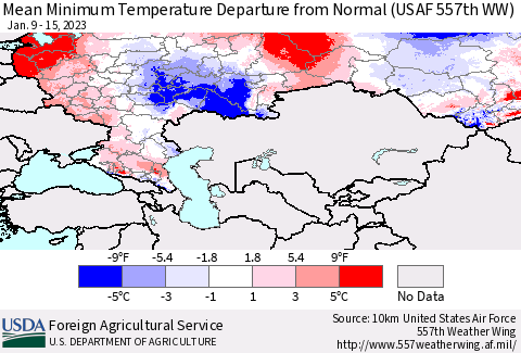 Russian Federation Mean Minimum Temperature Departure from Normal (USAF 557th WW) Thematic Map For 1/9/2023 - 1/15/2023