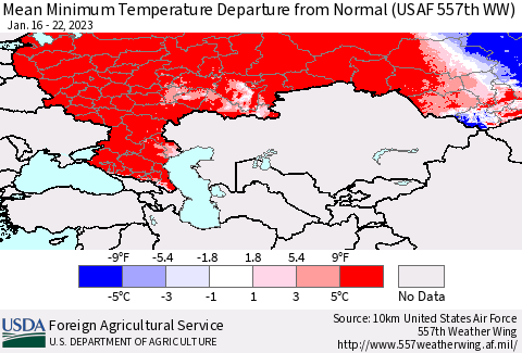 Russian Federation Mean Minimum Temperature Departure from Normal (USAF 557th WW) Thematic Map For 1/16/2023 - 1/22/2023