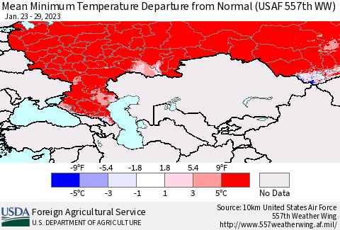Russian Federation Mean Minimum Temperature Departure from Normal (USAF 557th WW) Thematic Map For 1/23/2023 - 1/29/2023
