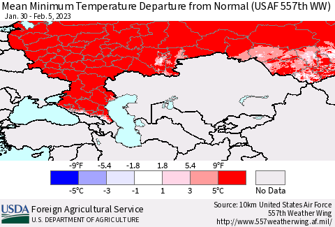 Russian Federation Mean Minimum Temperature Departure from Normal (USAF 557th WW) Thematic Map For 1/30/2023 - 2/5/2023