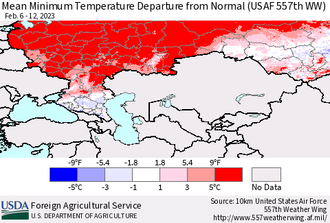 Russian Federation Mean Minimum Temperature Departure from Normal (USAF 557th WW) Thematic Map For 2/6/2023 - 2/12/2023