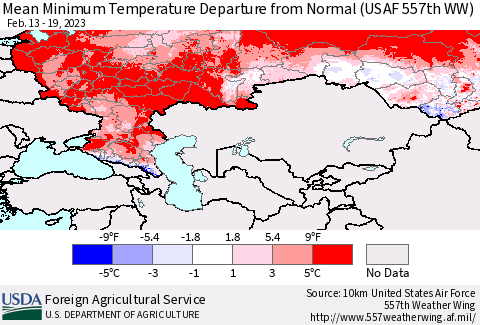 Russian Federation Mean Minimum Temperature Departure from Normal (USAF 557th WW) Thematic Map For 2/13/2023 - 2/19/2023
