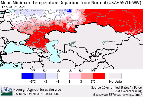 Russian Federation Mean Minimum Temperature Departure from Normal (USAF 557th WW) Thematic Map For 2/20/2023 - 2/26/2023
