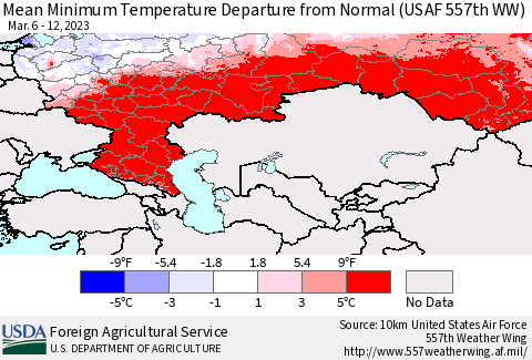 Russian Federation Mean Minimum Temperature Departure from Normal (USAF 557th WW) Thematic Map For 3/6/2023 - 3/12/2023