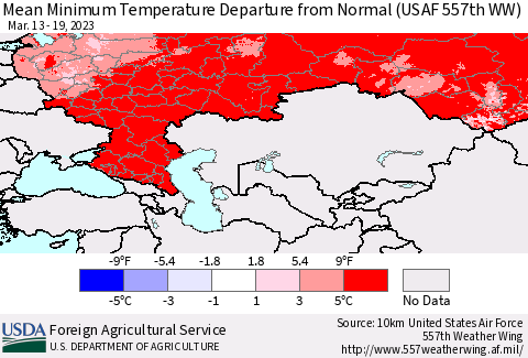 Russian Federation Mean Minimum Temperature Departure from Normal (USAF 557th WW) Thematic Map For 3/13/2023 - 3/19/2023