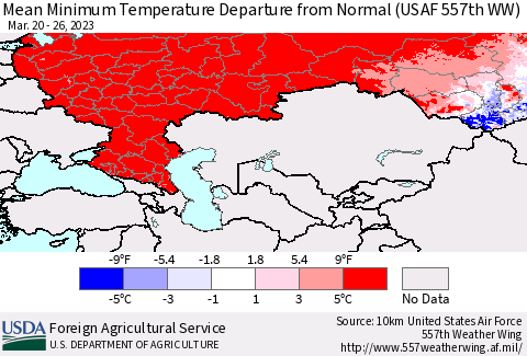 Russian Federation Mean Minimum Temperature Departure from Normal (USAF 557th WW) Thematic Map For 3/20/2023 - 3/26/2023