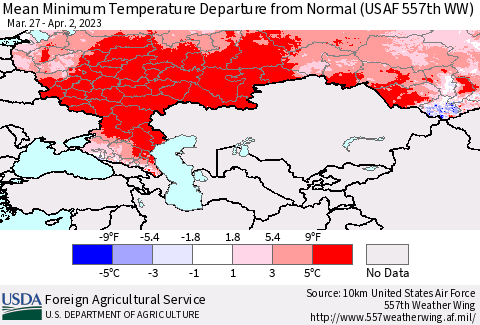 Russian Federation Mean Minimum Temperature Departure from Normal (USAF 557th WW) Thematic Map For 3/27/2023 - 4/2/2023