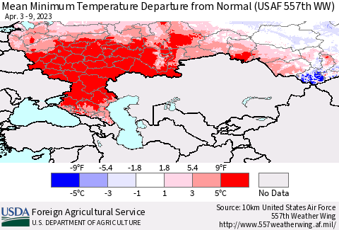 Russian Federation Mean Minimum Temperature Departure from Normal (USAF 557th WW) Thematic Map For 4/3/2023 - 4/9/2023