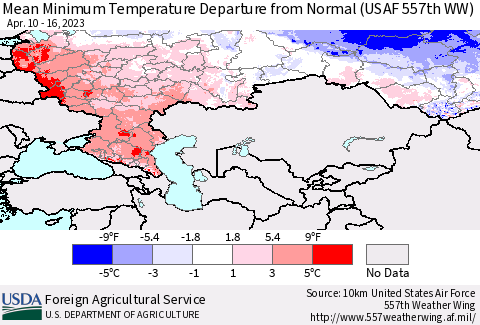 Russian Federation Mean Minimum Temperature Departure from Normal (USAF 557th WW) Thematic Map For 4/10/2023 - 4/16/2023