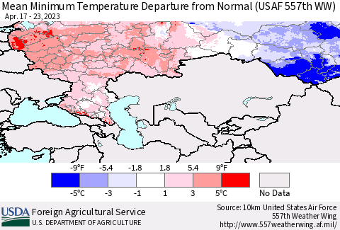 Russian Federation Mean Minimum Temperature Departure from Normal (USAF 557th WW) Thematic Map For 4/17/2023 - 4/23/2023