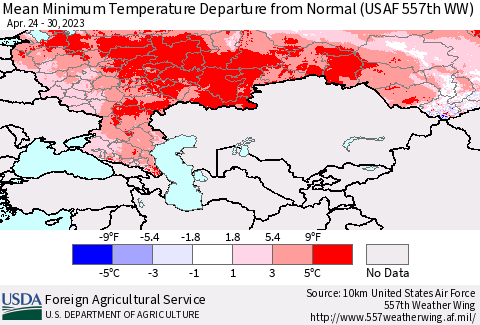 Russian Federation Mean Minimum Temperature Departure from Normal (USAF 557th WW) Thematic Map For 4/24/2023 - 4/30/2023