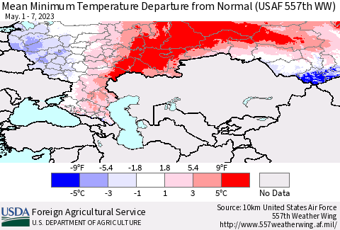Russian Federation Mean Minimum Temperature Departure from Normal (USAF 557th WW) Thematic Map For 5/1/2023 - 5/7/2023