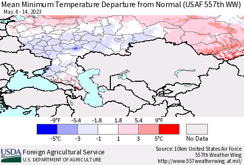 Russian Federation Mean Minimum Temperature Departure from Normal (USAF 557th WW) Thematic Map For 5/8/2023 - 5/14/2023