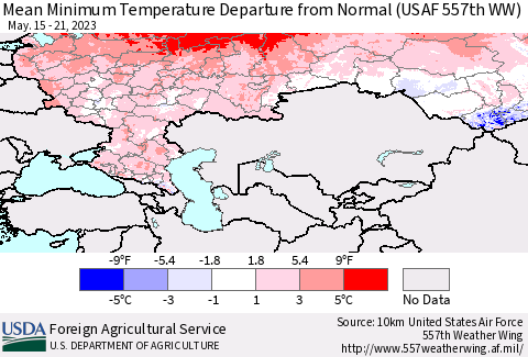 Russian Federation Mean Minimum Temperature Departure from Normal (USAF 557th WW) Thematic Map For 5/15/2023 - 5/21/2023