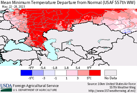Russian Federation Mean Minimum Temperature Departure from Normal (USAF 557th WW) Thematic Map For 5/22/2023 - 5/28/2023