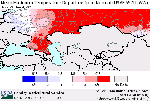 Russian Federation Mean Minimum Temperature Departure from Normal (USAF 557th WW) Thematic Map For 5/29/2023 - 6/4/2023