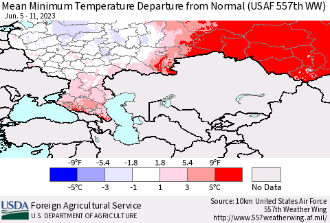 Russian Federation Mean Minimum Temperature Departure from Normal (USAF 557th WW) Thematic Map For 6/5/2023 - 6/11/2023