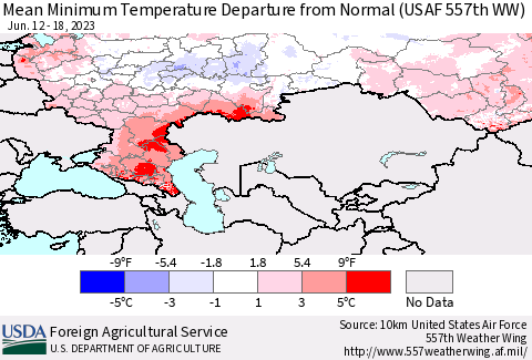 Russian Federation Mean Minimum Temperature Departure from Normal (USAF 557th WW) Thematic Map For 6/12/2023 - 6/18/2023