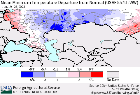 Russian Federation Mean Minimum Temperature Departure from Normal (USAF 557th WW) Thematic Map For 6/19/2023 - 6/25/2023