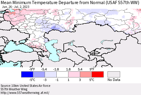 Russian Federation Mean Minimum Temperature Departure from Normal (USAF 557th WW) Thematic Map For 6/26/2023 - 7/2/2023