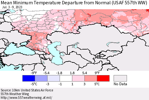 Russian Federation Mean Minimum Temperature Departure from Normal (USAF 557th WW) Thematic Map For 7/3/2023 - 7/9/2023