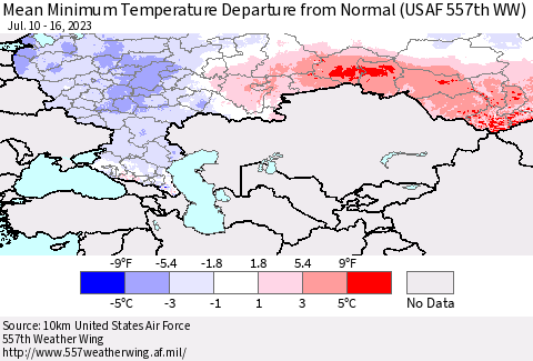 Russian Federation Mean Minimum Temperature Departure from Normal (USAF 557th WW) Thematic Map For 7/10/2023 - 7/16/2023