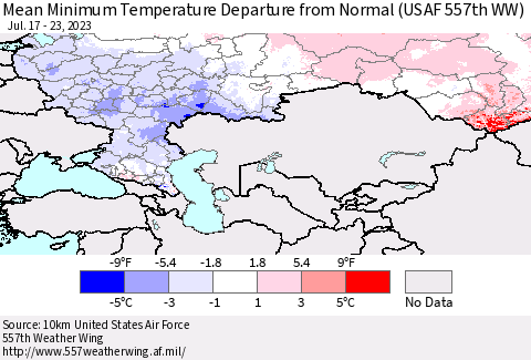 Russian Federation Mean Minimum Temperature Departure from Normal (USAF 557th WW) Thematic Map For 7/17/2023 - 7/23/2023