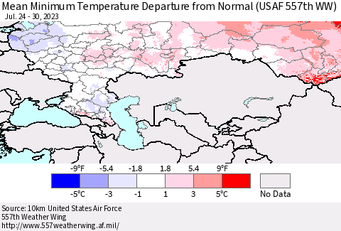 Russian Federation Mean Minimum Temperature Departure from Normal (USAF 557th WW) Thematic Map For 7/24/2023 - 7/30/2023