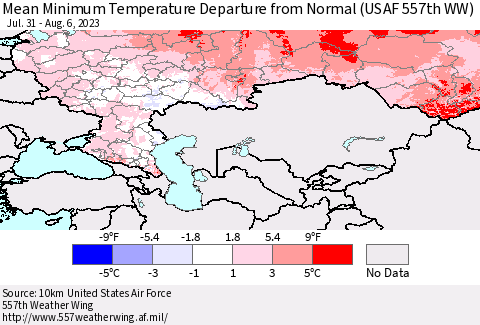 Russian Federation Mean Minimum Temperature Departure from Normal (USAF 557th WW) Thematic Map For 7/31/2023 - 8/6/2023
