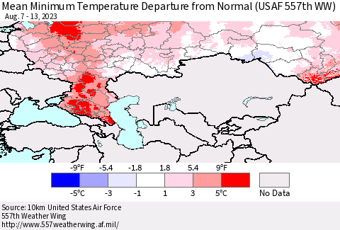Russian Federation Mean Minimum Temperature Departure from Normal (USAF 557th WW) Thematic Map For 8/7/2023 - 8/13/2023