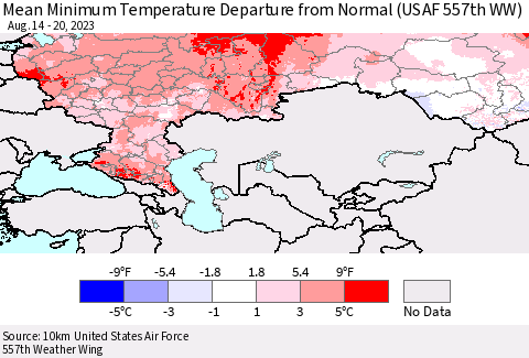 Russian Federation Mean Minimum Temperature Departure from Normal (USAF 557th WW) Thematic Map For 8/14/2023 - 8/20/2023