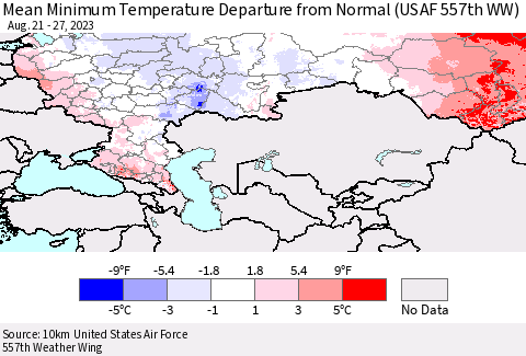 Russian Federation Mean Minimum Temperature Departure from Normal (USAF 557th WW) Thematic Map For 8/21/2023 - 8/27/2023