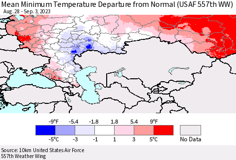 Russian Federation Mean Minimum Temperature Departure from Normal (USAF 557th WW) Thematic Map For 8/28/2023 - 9/3/2023